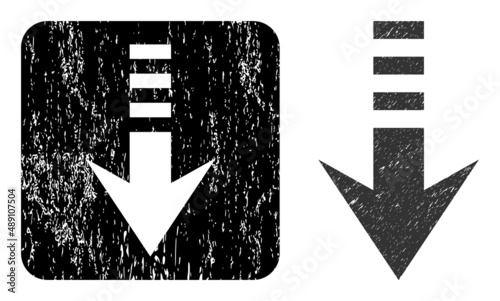 Vector send down carved icon. Grunge send down seal, done with icon and rounded square. Rounded square stamp seal include send down hole inside. Vector send down grunge images.