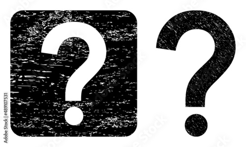 Vector query sign subtracted pictogram. Grunge query sign seal, done with icon and rounded square. Rounded square seal contain query sign empty space inside. Vector query sign grunge images.