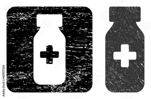 Vector medical vial subtracted icon. Grunge medical vial seal stamp, done from icon and rounded square. Rounded square seal contain medical vial empty space inside. Vector medical vial grunge images.
