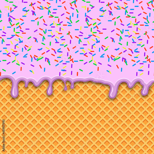 Pink strawberry ice-cream melted on waffle background. Pink ice cream melted with colorful cute candy sprinkles. Vector Illustration