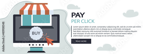 On line shopping and payment Methods. Mobile payments. Pay per click and online order. Flat vector illustration. Website banner	