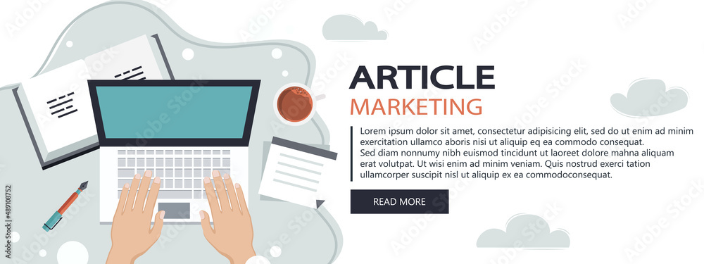Article marketing website banner. Blogging and online writing. Advertising. Flat vector illustration Article marketing website banner. Blogging and online writing. Advertising. Flat vector illustration