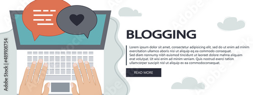 Blogging and journalism concept. Write you story. Tablet with chatting speech bubble and paper. Flat vector design