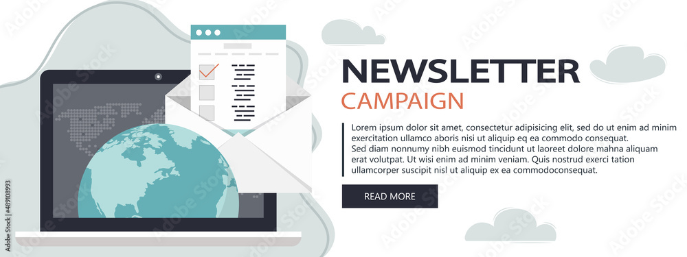 Obraz premium Flat design concept of regularly distributed news publication via e-mail with some topics of interest to its subscribers. Flat vector illustration. Newsletter concept. Website banner