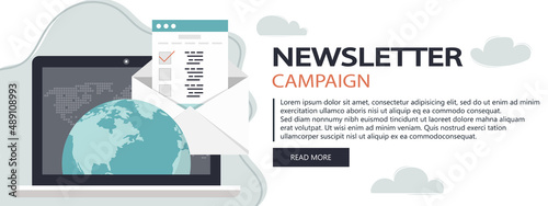 Flat design concept of regularly distributed news publication via e-mail with some topics of interest to its subscribers. Flat vector illustration. Newsletter concept. Website banner