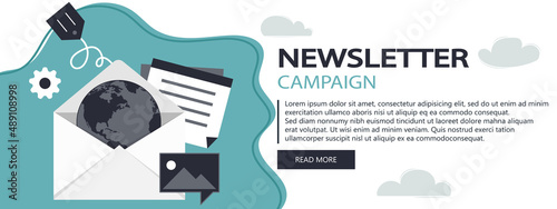 Flat design concept of regularly distributed news publication via e-mail with some topics of interest to its subscribers. Flat vector illustration. Newsletter concept. Website banner