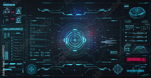 Fototapeta Naklejka Na Ścianę i Meble -  Spaceship or shuttle aircraft digital screen interface in hud style. High-tech screen. Graphic interface design for video games. Holographic head-up display screen scope control panel frame. Vector
