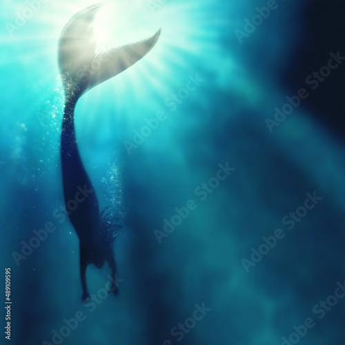 Fotografiet A silhouette shot of a mermaid swimming in solitude in the deep blue sea - ALL d