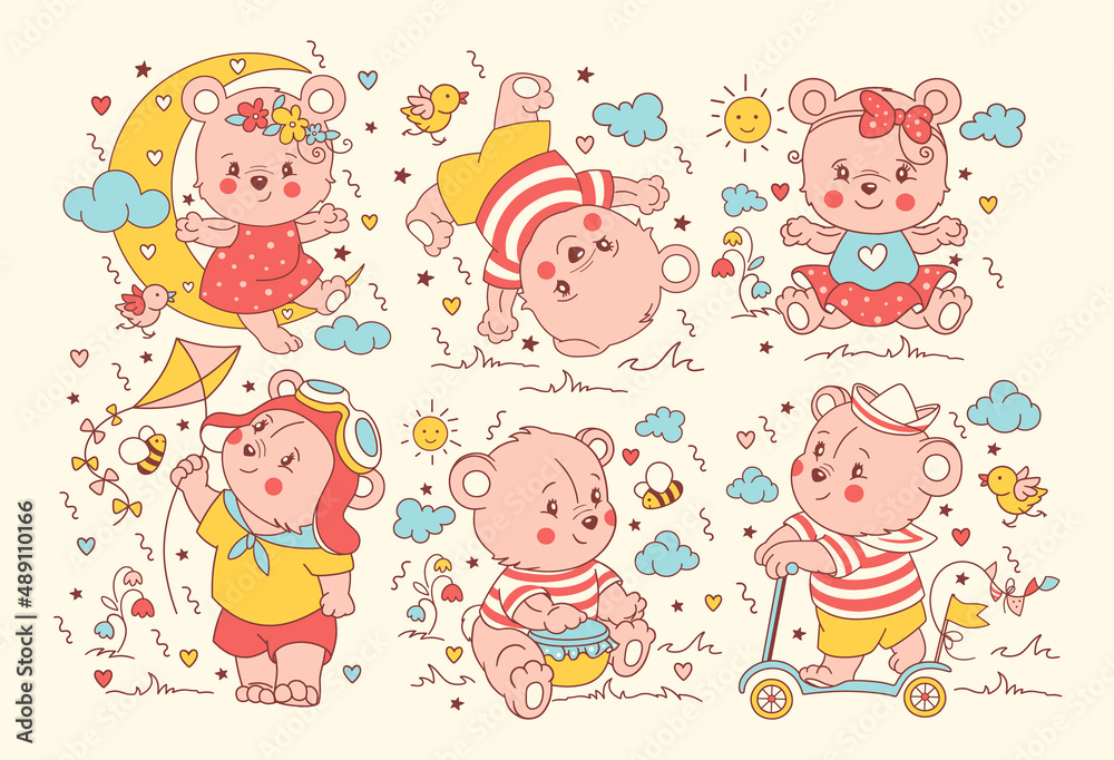 Cute kids set of little bears. Teddy pink animal cubes. Set of stickers, t shirt, tee, pyjama, prints. Isolated characters for baby shower templates