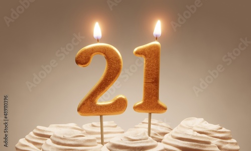 21st birthday or anniversary celebration. Lit golden number candles on cake with icing in neutral tones. 3D rendering photo