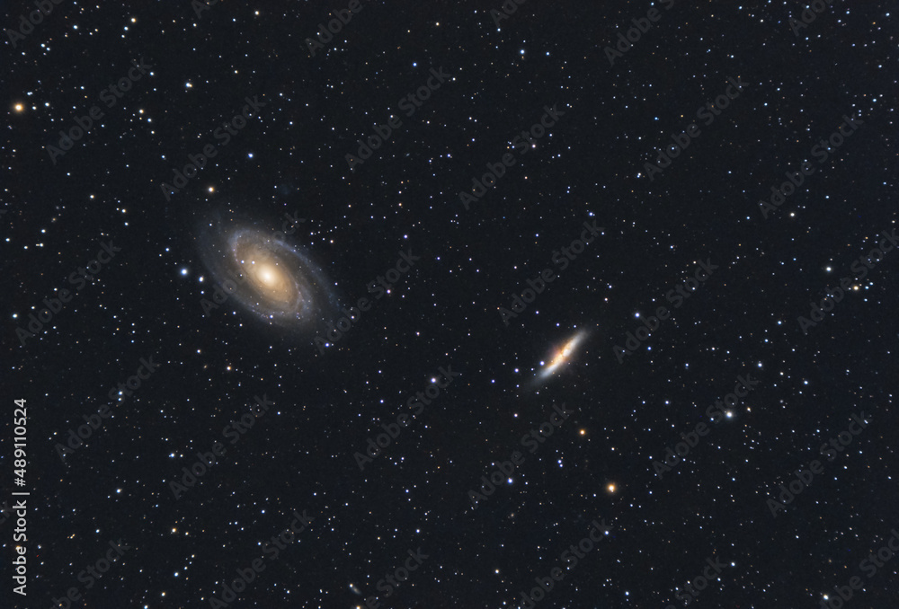 The Bode galaxy (Messier 81) and the  Cigar galaxy (Messier 82), in the boreal constellation of Ursa Major. Backgrounds night sky of interacting galaxies 