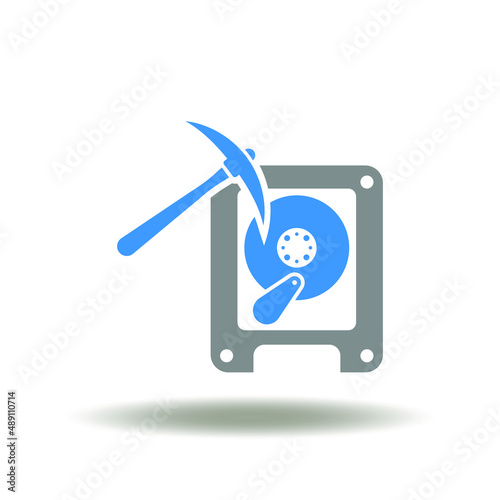 Vector illustration of HDD with pickaxe. Icon of chia crypto currency mining. Symbol of hard disk drive and pickax. photo