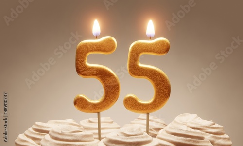 55th birthday or anniversary celebration. Lit golden number candles on cake with icing in neutral tones. 3D rendering photo