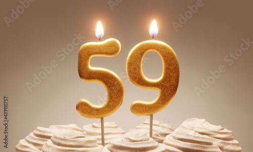 59th birthday or anniversary celebration. Lit golden number candles on cake with icing in neutral tones. 3D rendering photo