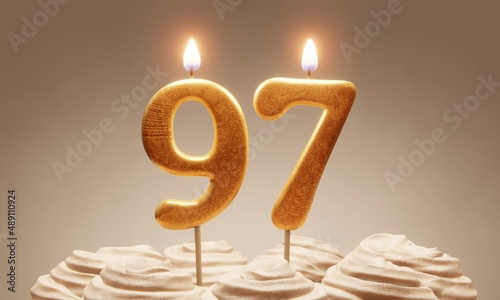 97th birthday or anniversary celebration. Lit golden number candles on cake with icing in neutral tones. 3D rendering photo