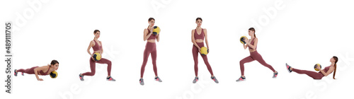 Athletic woman doing different exercises with medicine ball on white background, collage. Banner design