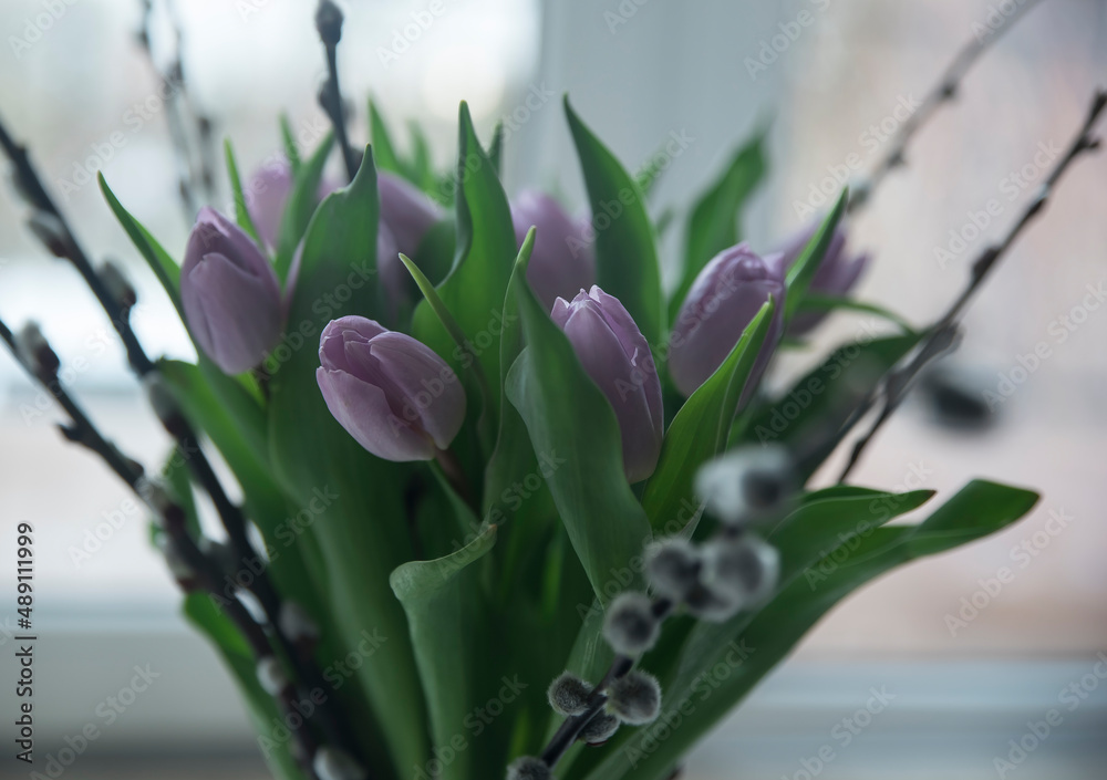 bukiet fioletowych tulipanów - obrazy, fototapety, plakaty 