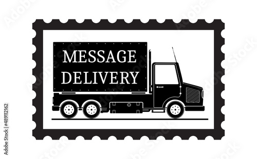 Empty stamp, retro photo frame vector illustration. Vintage black frame on white background with truck icon. Border design to use in photo mockup, email, newsletter, business communication projects. 