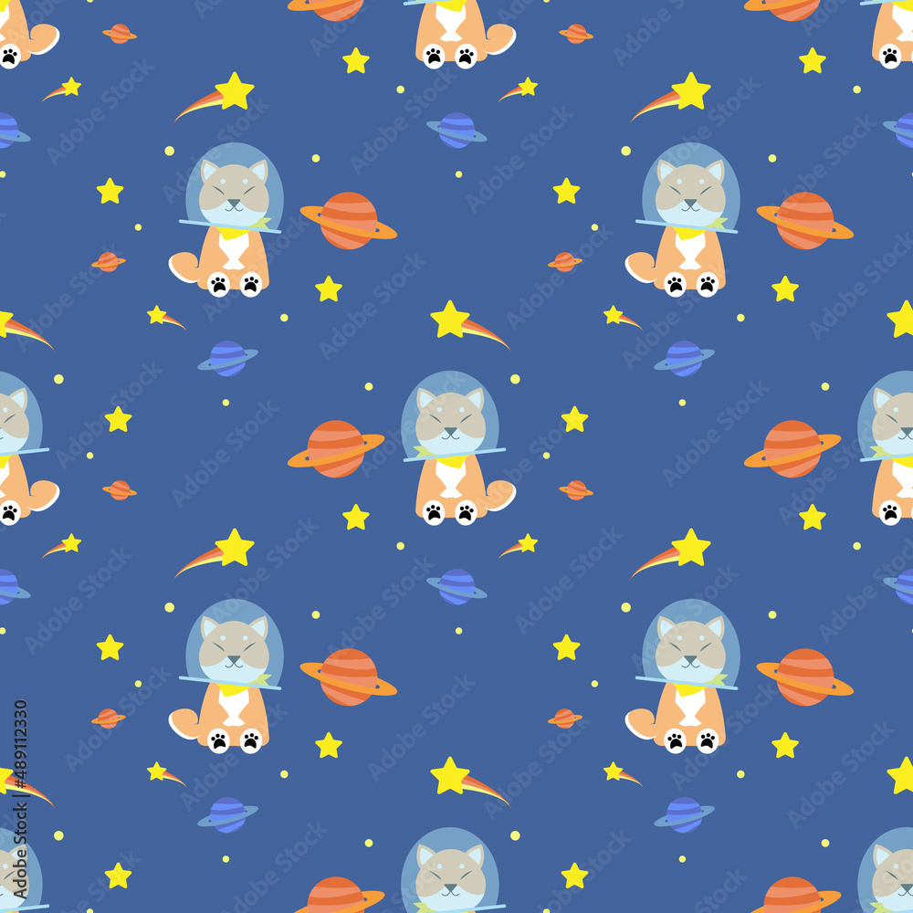 cute shiba dog in the space with Saturn and star around fabric seamless cute pattern