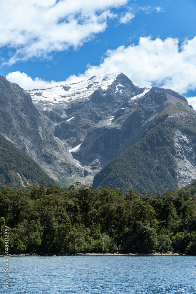 Harrison Cove in Milford Sound Looking towards Tutoko Mountain on a Bright Summers Afternoon in the South Island of New Zealand