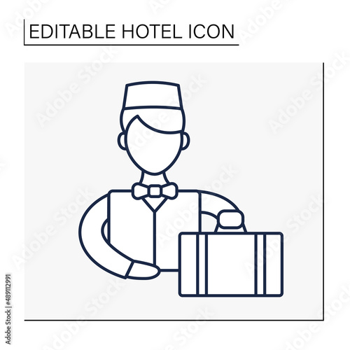 Bellboy line icon. Worker in hotel hall. Person employed to carry suitcases, open doors for guests. Services to help guests. Hotel concept. Isolated vector illustration. Editable stroke