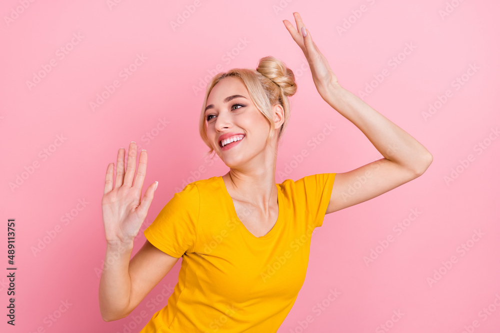 Photo of cool millennial blond lady dance wear trend cloth isolated on pink color background