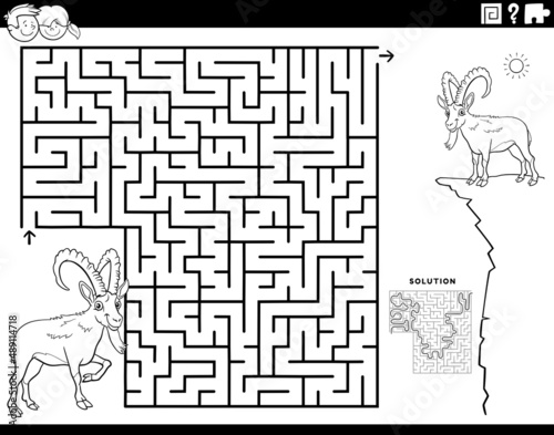maze with cartoon ibex or capricorn coloring book page