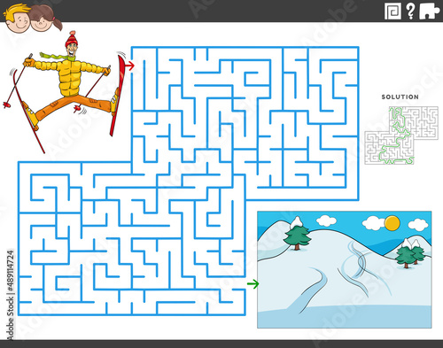 maze game with cartoon man character skiing