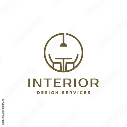 Minimalist interior design service logo vector with chair table lamp and sitting room icon