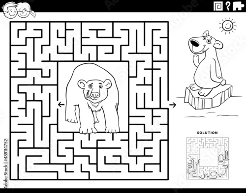 maze with cartoon polar bears coloring book page