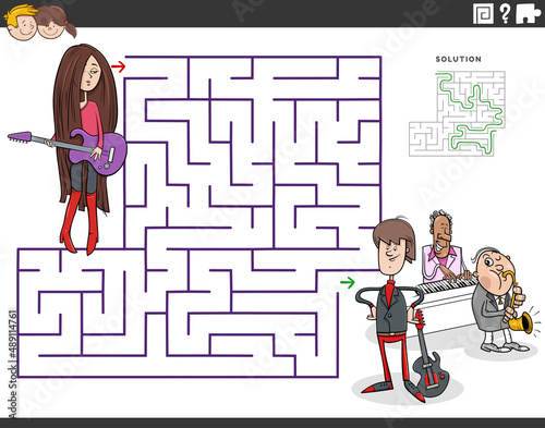 maze game with cartoon girl with guitar and band