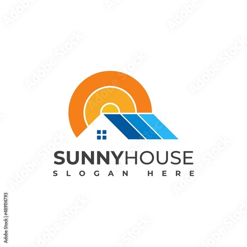 Colorful sunny house logo vector with home roof and bright sun sunlight icon 