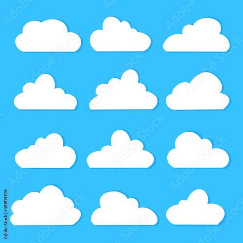 Clouds set. Abstract white cloudy collection isolated on blue background. Vector illustration