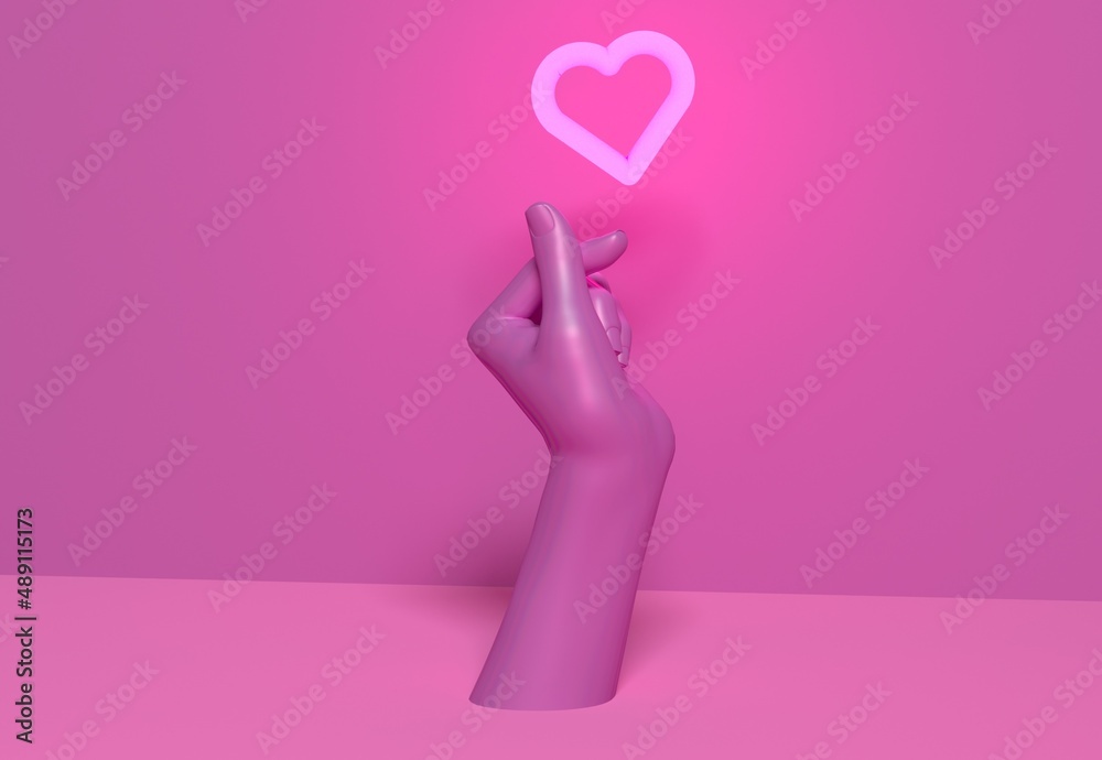 3D illustration of a hand showing Korean Finger Heart or Saranghae gesture with crisscrossing fingers. 