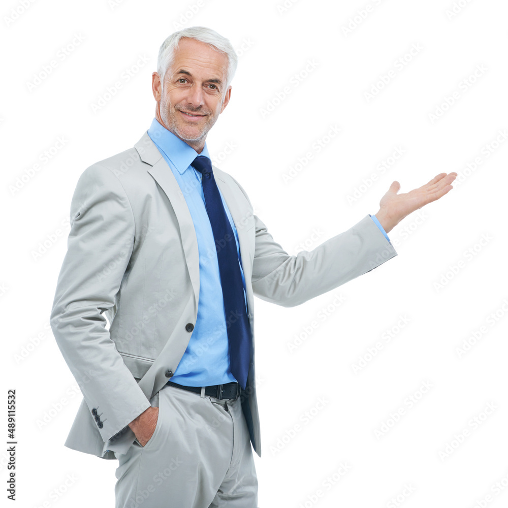 The next big thing in business. Studio portrait of a handsome businessman gesturing to copyspace isolated on white. The next big thing in business. Studio portrait of a handsome businessman gesturing to copyspace isolated on white.