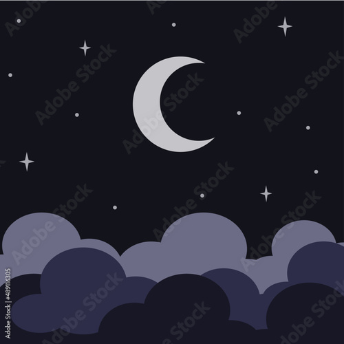 Noche, nuebes, luna, cielo nocturno, ilustracón de noche