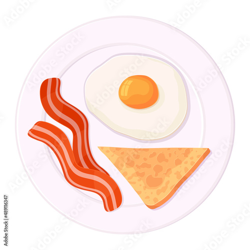 Traditional american breakfast fried eggs with baon ant toast on the plate.Restaurant brunch menu concept.