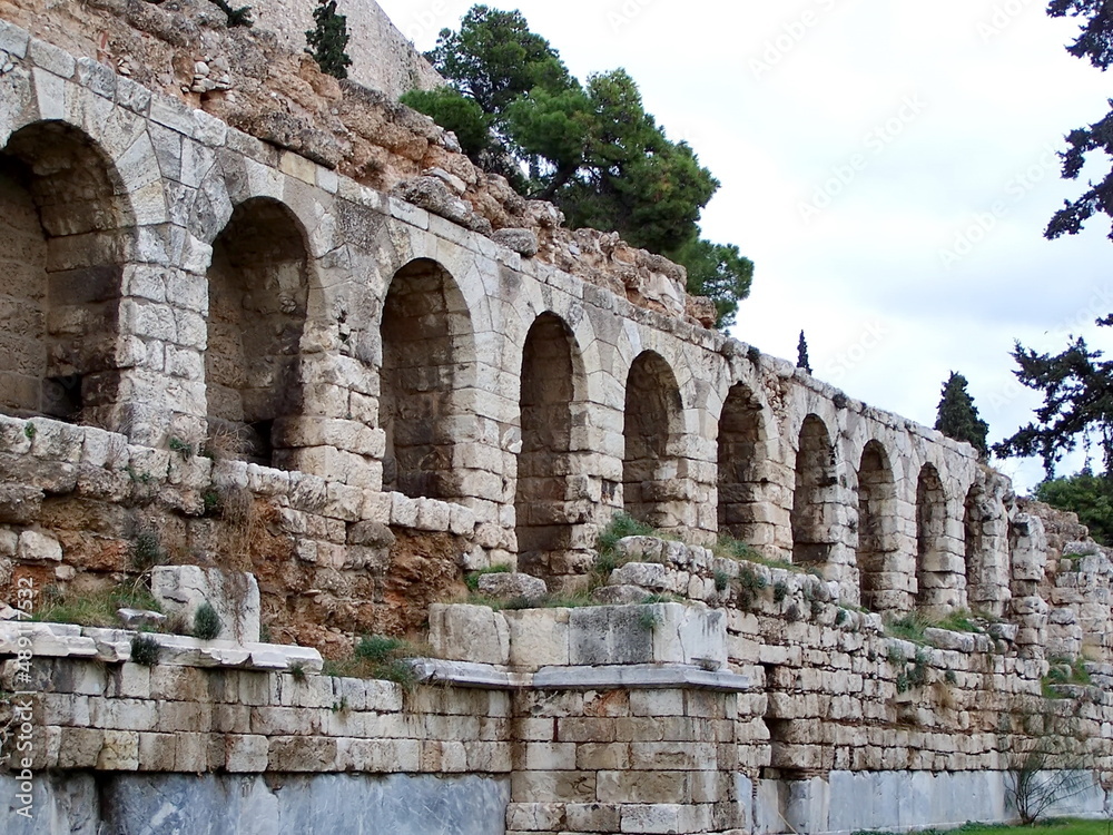 Stone arches in an ancient ruin in Athens, Greece