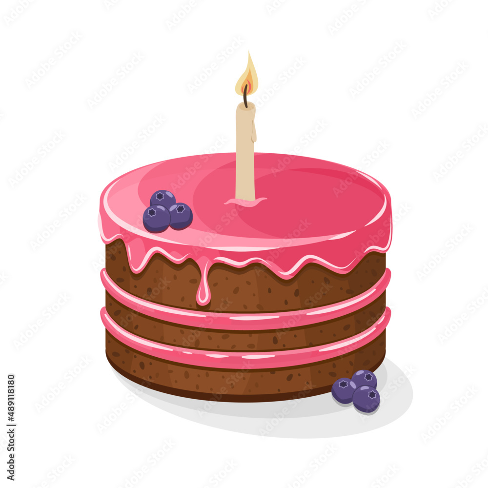 Pyszny czekoladowy tort z różowym lukrem i jagodami. Ciasto urodzinowe ze świeczką do zdmuchnięcia. Wektorowa ilustracja na kartkę urodzinową. Słodkie jedzenie, kolorowy pyszny deser na przyjęcie.	 - obrazy, fototapety, plakaty 