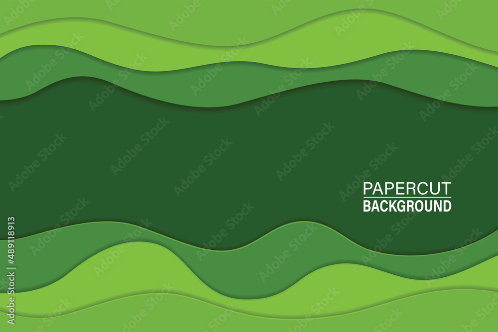 Green bright wave paper cut background template. Flyer, cover, banner. Trendy vector abstract shapes for presentations and posters. Vector illustration Green bright wave paper cut background template. Flyer, cover, banner. Trendy vector abstract shapes for presentations and posters. Vector illustration