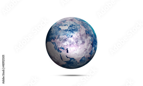 Earth Globe Planet Asia Continent View  isolated on white Background.. Blue Ocean and 3D globe earth  