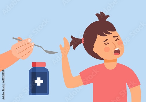 Girl child does not want to take medicine in flat design.