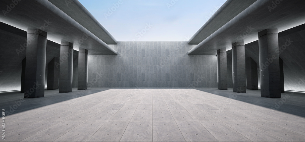 Obraz premium Advanced background High end scenario concrete wall 3D rendering booth Exhibition hall technology