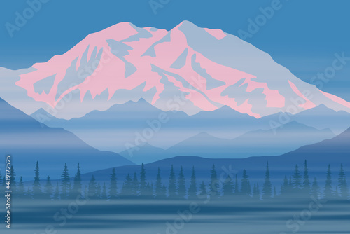 Vector drawing of Denali - McKinley, Alaska. Traveling in the mountains, climbing. Dawn landscape, peak in the sunrise.