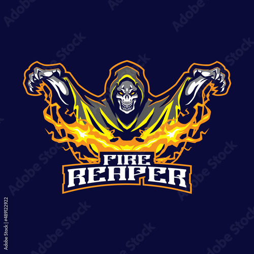 Reaper mascot logo design vector with concept style for badge, emblem and t shirt printing. Angry reaper illustration with fire in hand.