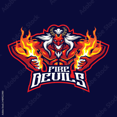 Devil mascot logo design vector with concept style for badge, emblem and t shirt printing. Angry devil illustration with fire in hand.