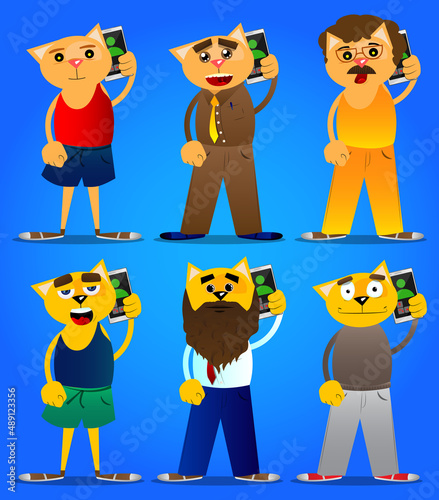 Funny cartoon cat talking on cell phone. Vector illustration. Cute orange, yellow haired young kitten. Mobile Communication Concept.