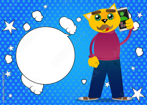 Funny cartoon cat talking on cell phone. Vector illustration. Cute orange, yellow haired young kitten. Mobile Communication Concept.