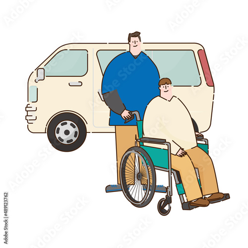 Vector illustration of a car with a man in a wheelchair with a caregiving staff. There is a solid line.