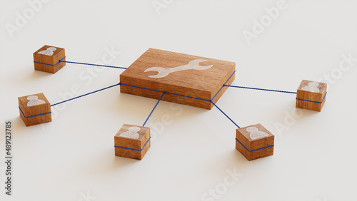 Configure Technology Concept with tool Symbol on a Wooden Block. User Network Connections are Represented with Blue string. White background. 3D Render. photo